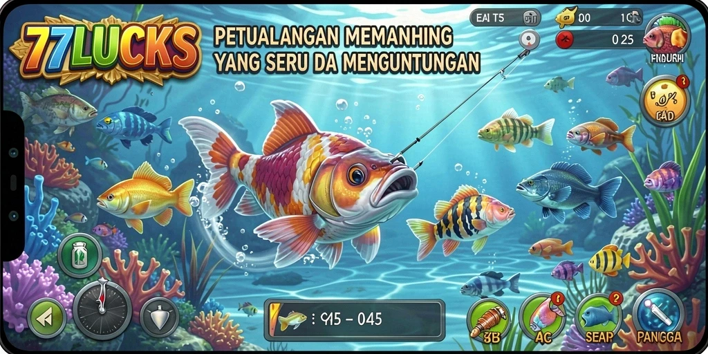 Screenshot permainan 77LUCKS menampilkan aksi memancing yang mendebarkan.