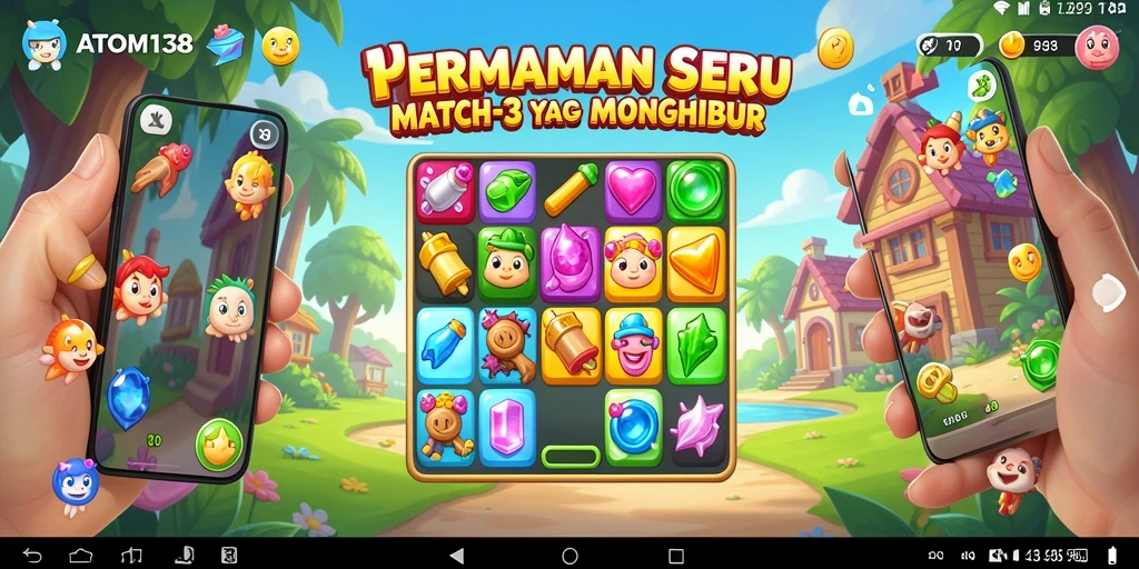Tangkapan layar ATOM138 menampilkan gameplay Match-3 yang penuh warna.