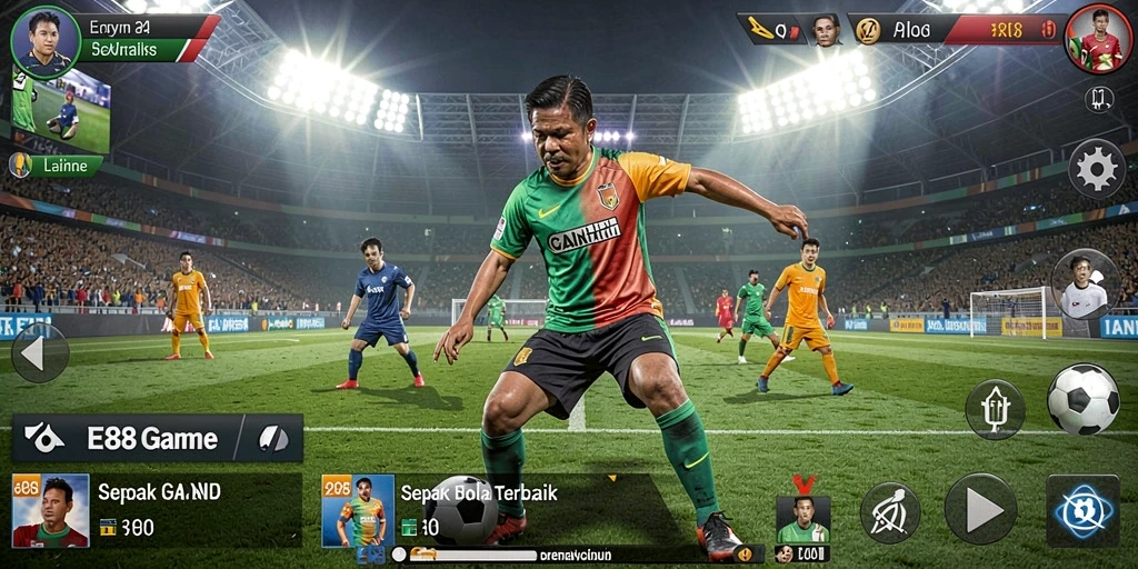 Gambaran gameplay E88 yang seru dengan aksi sepak bola yang mendebarkan.