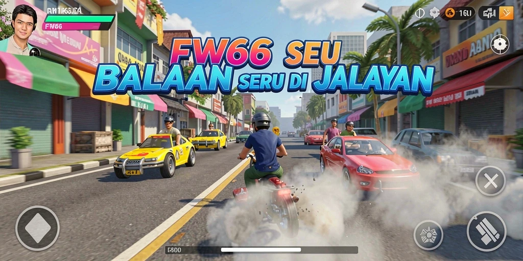 Screenshot FW66 menampilkan aksi balapan mendebarkan di jalur perkotaan.