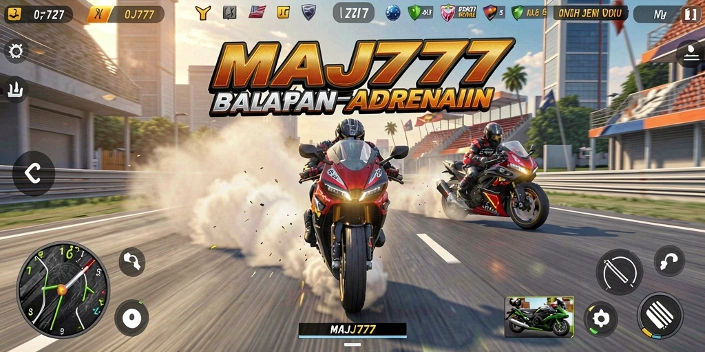 Tampilan gameplay utama MAJ777 dengan aksi balapan motor yang seru.