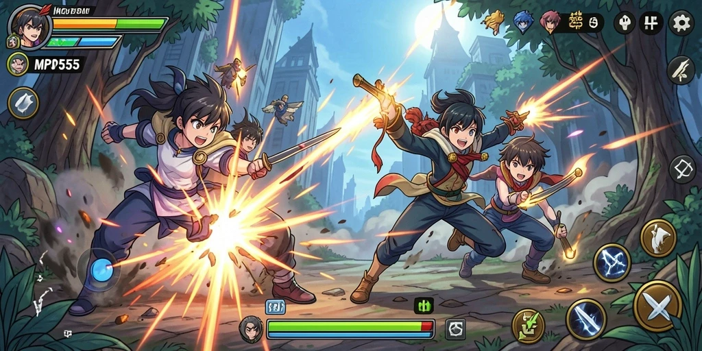 Gameplay MPO555 menunjukkan pertarungan karakter Anime yang dinamis.