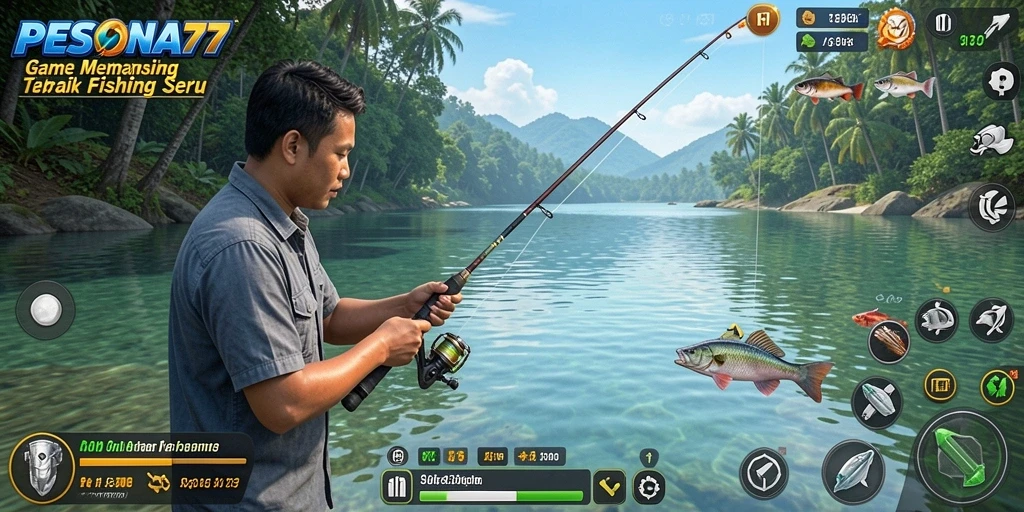 Screenshot gameplay PESONA77 menunjukkan aksi memancing yang seru.