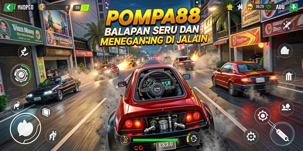 Tampilan gameplay menegangkan dari POMPA88 dengan balapan seru di sirkuit.
