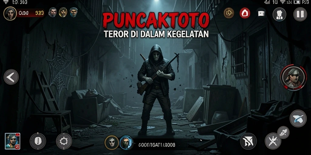 Screenshot gameplay PUNCAKTOTO menampilkan suasana horor yang mencekam.